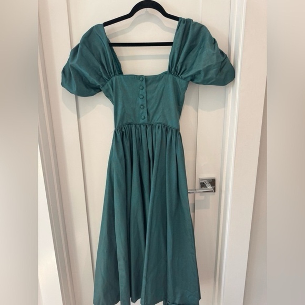 Laura Ashley Vintage Size 8 Teal Dress Puff Sleeves Maxi Cottagecore 100% Cotton - Picture 3 of 5